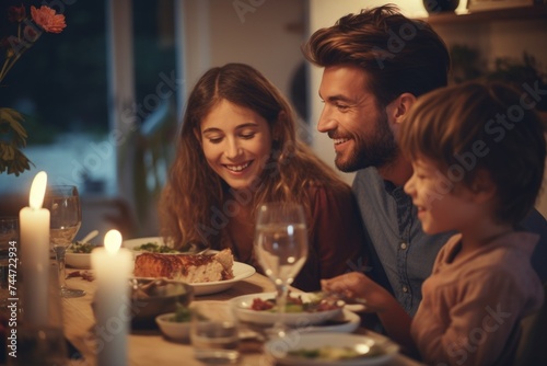 A family of four sitting at a dinner table. Suitable for family mealtime concept