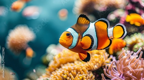 Colorful clownfish gracefully swim among vibrant corals in a captivating saltwater aquarium habitat