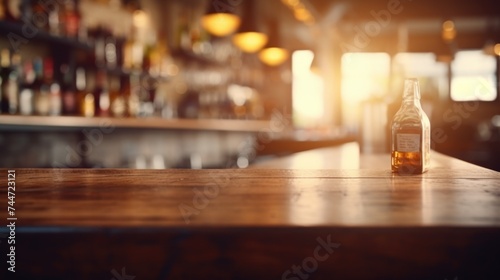 A bottle of alcohol on a wooden table, perfect for beverage advertisements