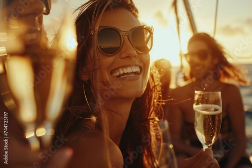 Joyful Woman Toasting on Yacht with Friends. Radiant young woman toasting with champagne on a yacht, sharing a cheerful moment with friends against a sunlit sea.