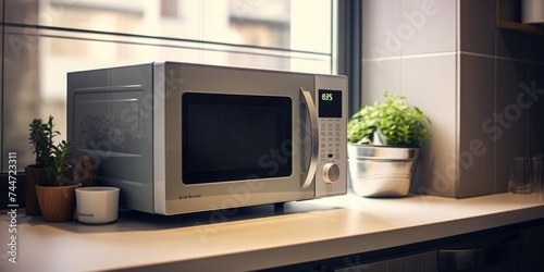 A modern microwave oven placed on a kitchen counter. Suitable for home appliances or kitchen design concepts