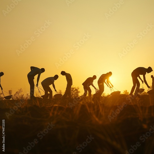 A serene depiction of World International Labour Day, showcasing workers in various professions, from farmers to engineers, each engaged in their tasks with dedication and pride