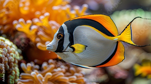 Surgeonfish swimming among colorful corals in a vibrant saltwater aquarium ecosystem