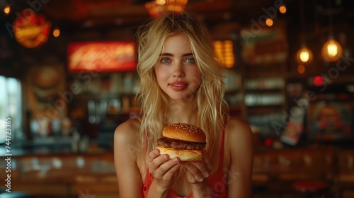 woman with a hamburger in her hands. She has a subtle smile of happiness on her face.