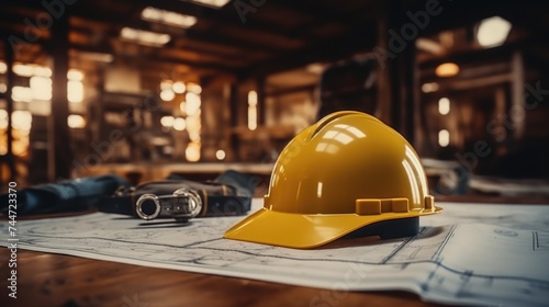 A hard hat sitting on a table, suitable for construction and safety concepts