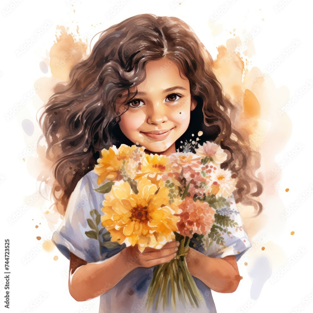 Charming Hispanic Girl with Bouquet of Flowers Watercolor Illustration