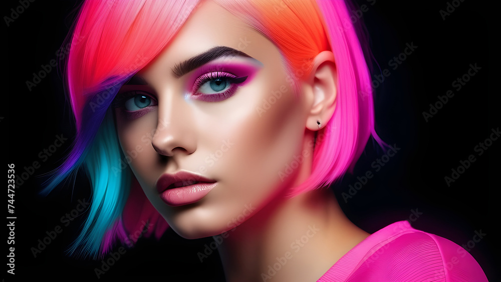 Pink hair and neon makeup of a girl on a black background. Pink hair and neon makeup of a girl on a black background.