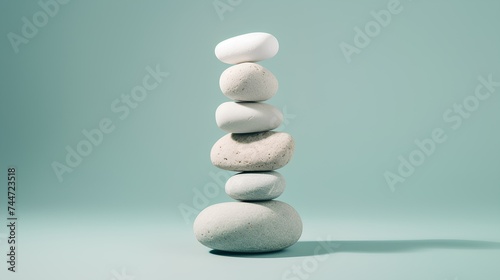 Balancing stones on pastel green background. Creative relaxing wallpaper. 