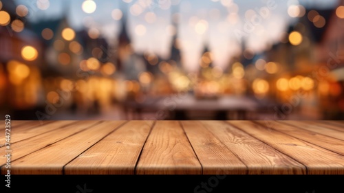 The empty wooden table top with blur background of town square. Exuberant image. generative AI