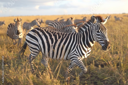 A herd of zebras running across the African plains  their stripes creating a mesmerizing pattern against the landscape