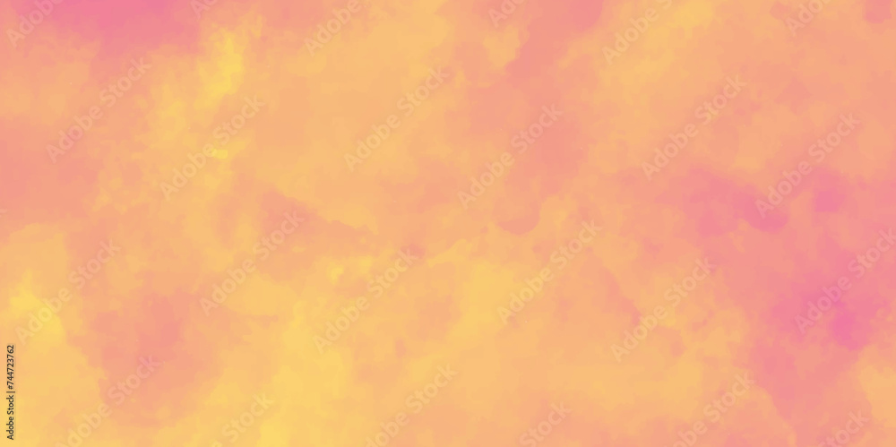 Soft color painted illustration of soothing composition of watercolor, layout with a cloudy landscape in yellow and pink color combination, Fantasy smooth light pink abstract watercolor painting.