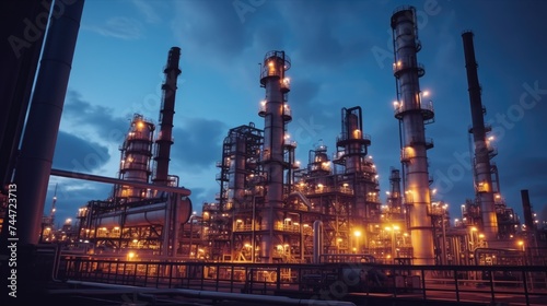 Industrial oil refinery at night, suitable for energy and manufacturing concepts