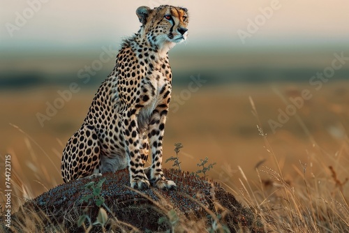 A lone cheetah surveying the savannah from atop a termite mound at dusk, embodying the solitude of the predator © arhendrix