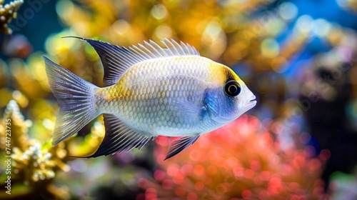 Colorful cardinalfish swimming among vibrant corals in a saltwater aquarium environment