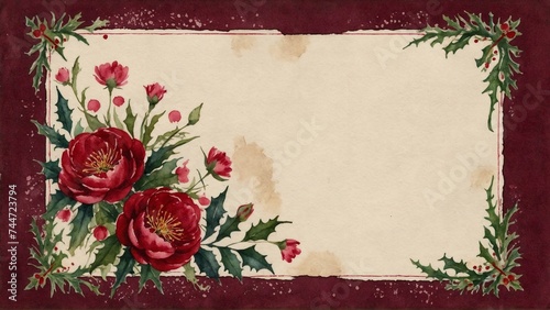 watercolor red blank card design with flowers, floral notes and space for text, framework for invitation, scrapbooking and journaling