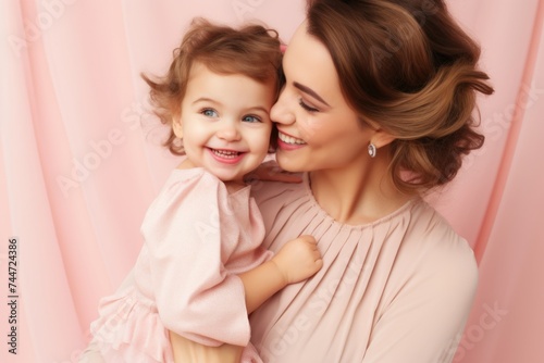 A woman holding a little girl in her arms. Suitable for family, love, and parenting concepts