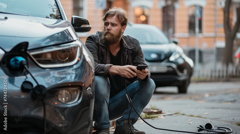 man waiting for electric car charging