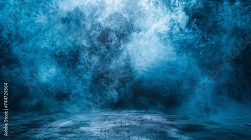 Enigmatic Blue Smoke Filling Air Above Wooden Floor in Dim Room