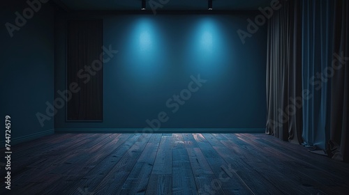 Spotlit Dark Blue Wall in Empty Room with Hardwood Floors and Curtains © Andrey