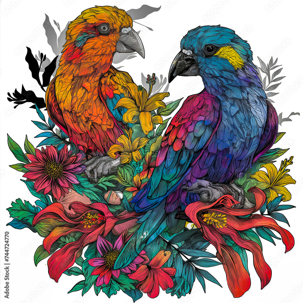 Fototapeta premium Vibrant Feathers Fiesta: A Parrot Paradise Tee
