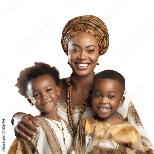 Ultrarealistic Xhosa Woman Freestyling with Kids on White Background photo
