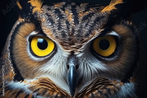 Close-up view of an owl with striking yellow eyes. Perfect for wildlife and nature themes