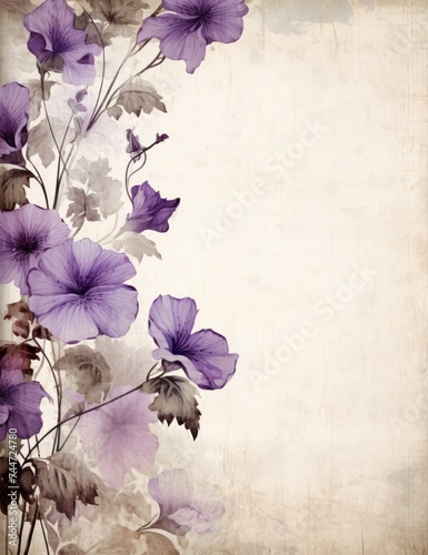 Romantic White Paper Background with Delicate Purple Malva Flowers and Flourishing Botanicals