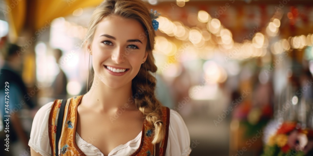 A beautiful young woman standing in front of a bunch of flowers. Suitable for various occasions and events