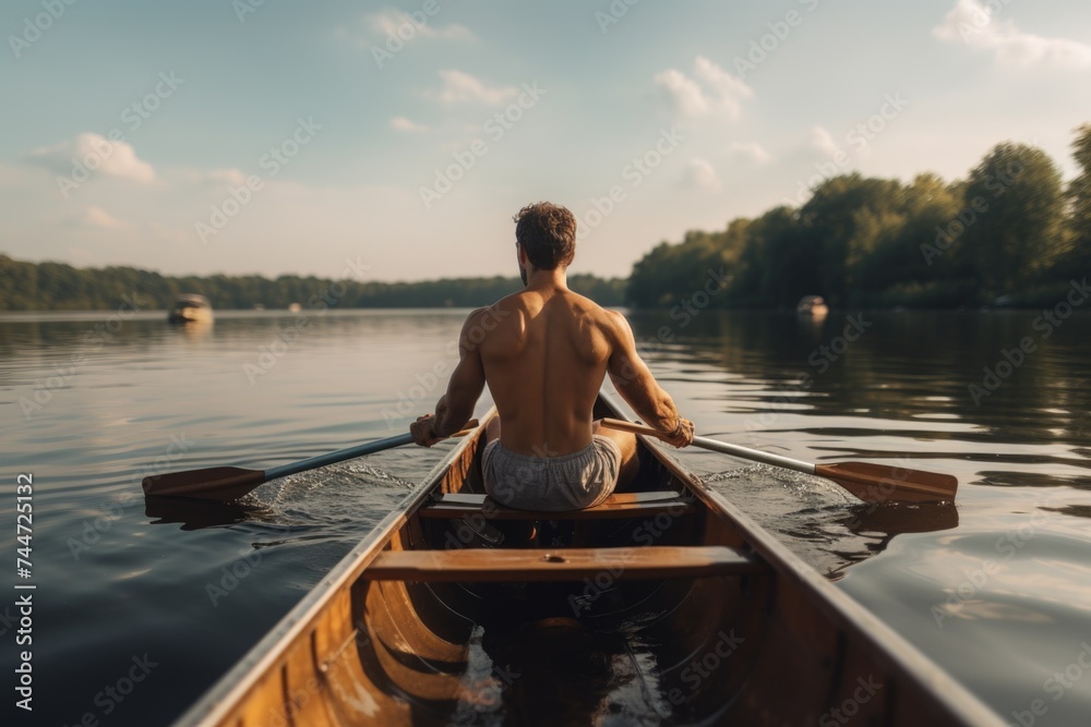 A man paddling a canoe on a tranquil lake. Suitable for outdoor and adventure concepts