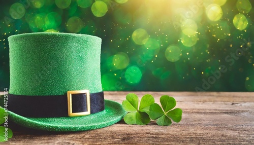 green shamrock lucky top hat as st patrick s day symbol and luck icon of irish tradition with magical four leaf clover leprechaun cap celebration concept background card banner with copy space photo