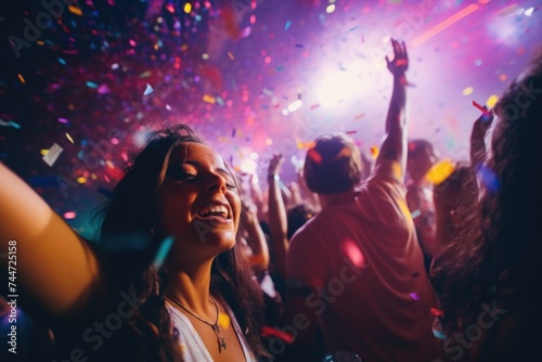 Group of people at a festive party with confetti in the air. Suitable for event and celebration concepts