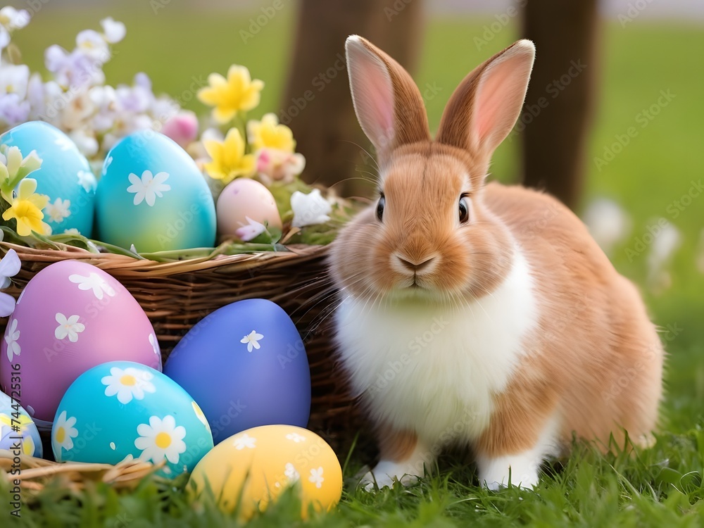 A rabbit stands next to a basket overflowing with colorful Easter eggs.