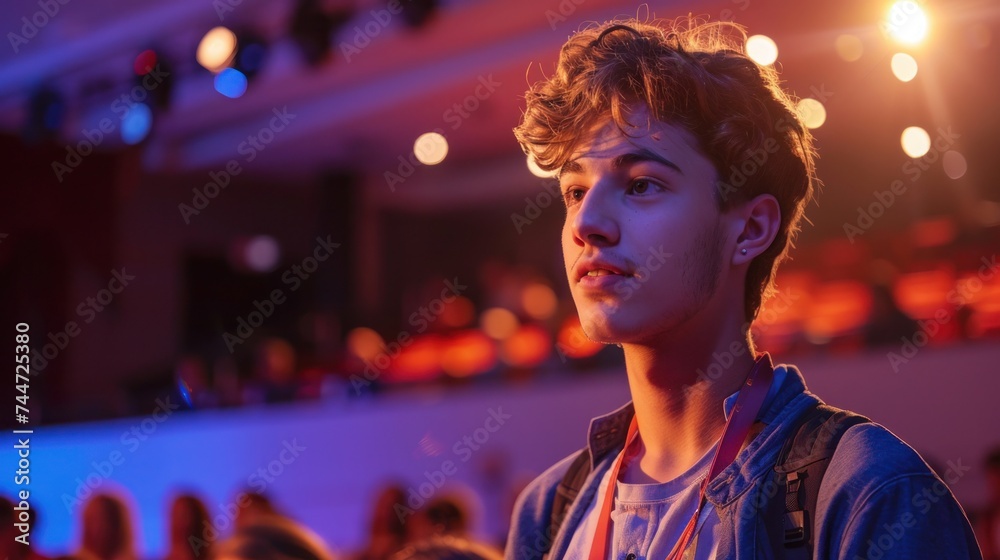 A pensive young man immersed in the ambience of a live performance, with stage lights casting a colorful glow on his face. A pensive young man immersed in the ambience of a live performance, with stage lights casting a colorful glow on his face.