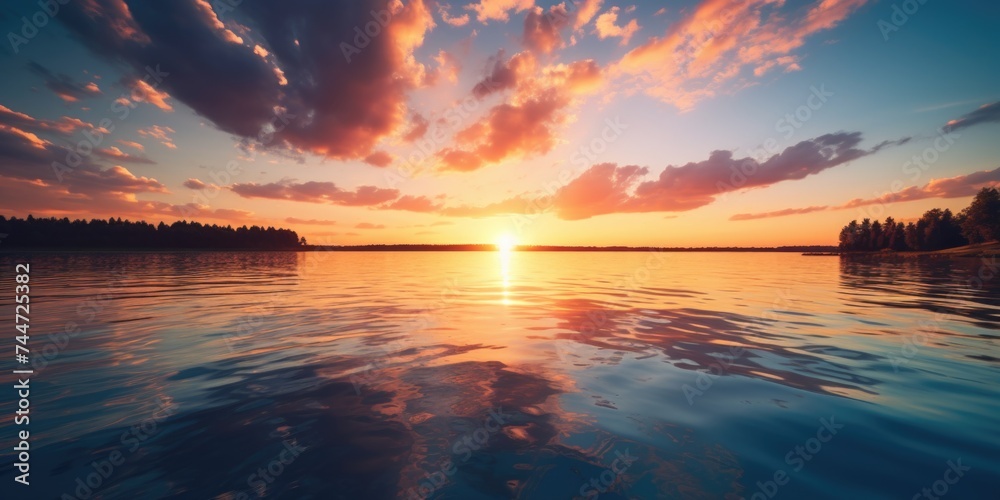 Beautiful sunset over a peaceful lake, ideal for nature themed projects