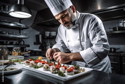 A chef cooking in a professional kitchen, suitable for culinary concepts