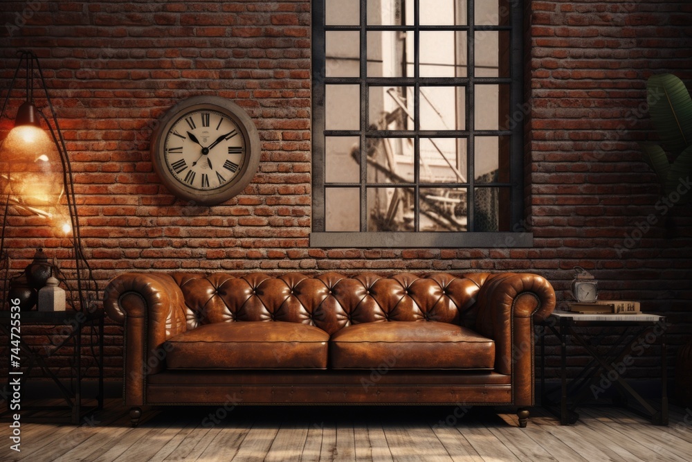 A brown leather couch positioned in front of a window. Perfect for ...