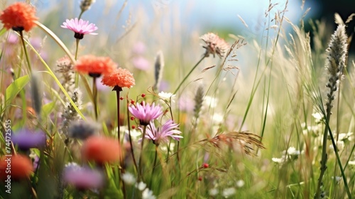Field of wildflowers and grasses with a blue sky background. Suitable for nature and outdoor themes