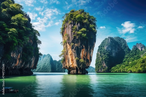 A large rock formation in the middle of a body of water. Ideal for nature and travel concepts