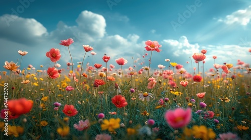 Vibrant wildflowers flourish under a blue sky, bathed in sunlight with soft clouds in the background, exuding natural beauty.