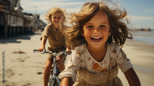 Children's glee on a beach bike ride, waves and laughter in the air.