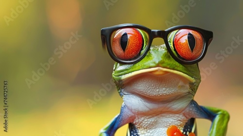 Stylish frog wearing glasses posing against colorful studio backdrop with a playful expression