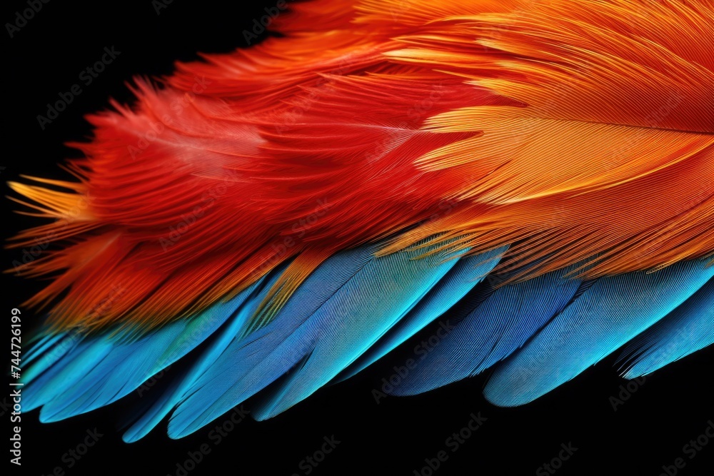 Vibrant feather on black background, suitable for design projects Vibrant feather on black background, suitable for design projects