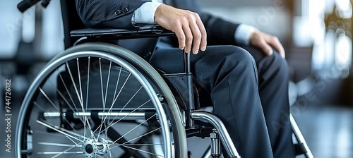 Happy businessman in suit in wheelchair working in modern office with copy space for text placement