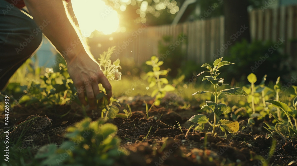 Fototapeta premium A homeowner planting a flower bed or vegetable garden in their backyard.