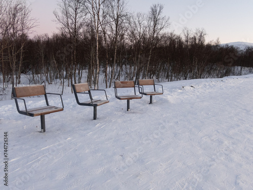 Single seating benches on a row next to the ski trail. © Marja