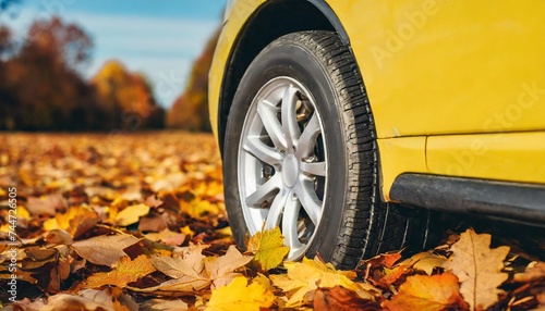 new yellow car wheel on autumn leaves © Deven