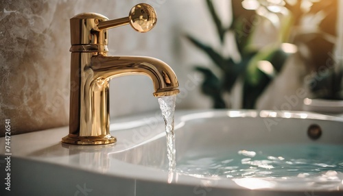elegant sanitary ware golden water tap in a luxury bathroom in pastel colors clean transparent water flows photo