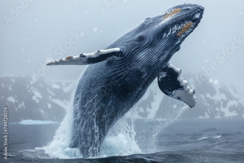 A massive blue whale breaching the ocean surface, a moment of awe-inspiring power and grace © arhendrix