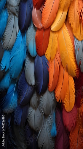 Colored feathers in different shapes. Create tropical wallpaper. 