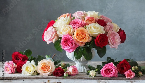 still life with many different garden roses on a vintage table on grey background